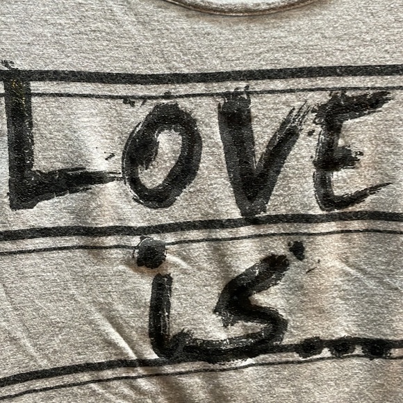 Women’s LOVE short sleeved shirt. Size medium. Gray w/black letters and stripes - Picture 3 of 4